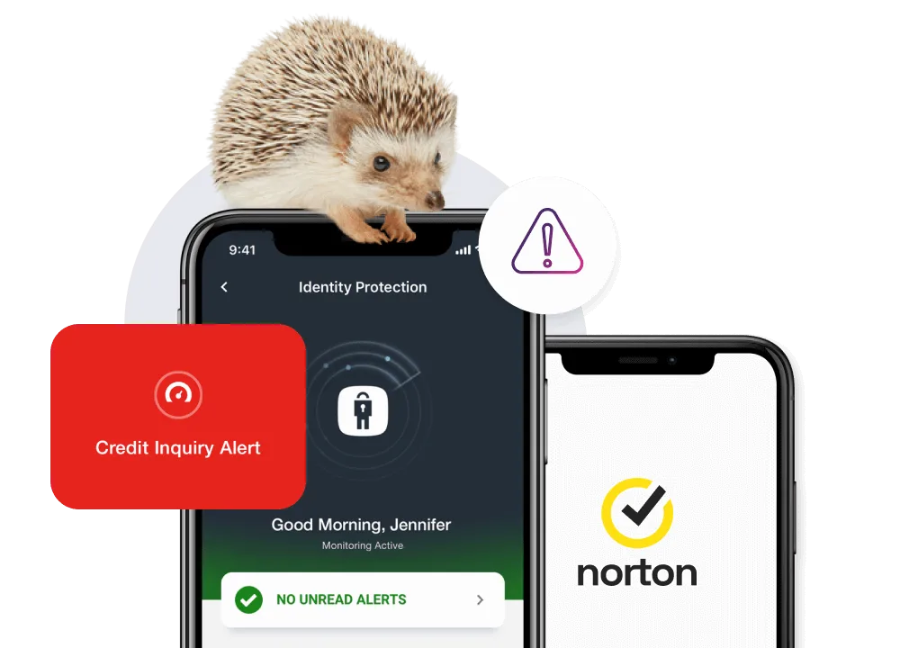 A smart phone shows the identity protection screen with no unread alerts while another screen show a credit inquiry alert pop up.