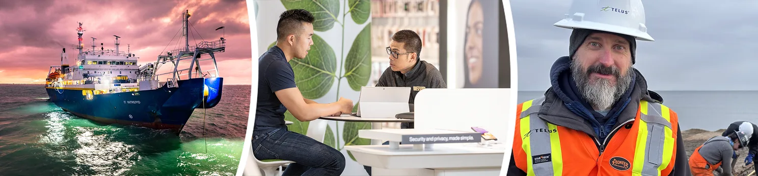 Collage showing a large blue ship at sea, divers working on a small boat and two men standing next to a yellow marine rover