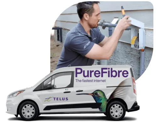 A technician completing an professional installation of TELUS Pure Fibre