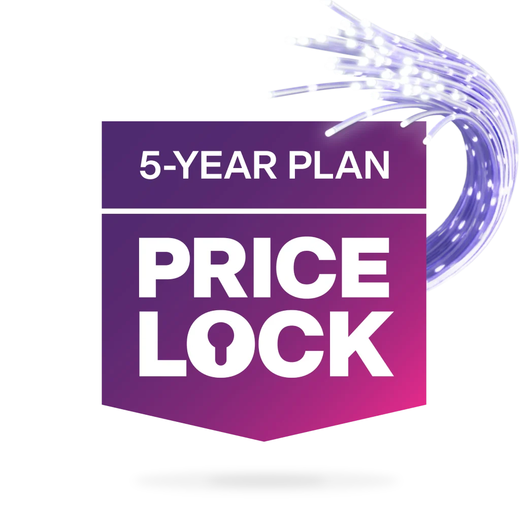 An image featuring the TELUS 5-year Internet rate plan price lock logo in a purple and pink gradient banner.