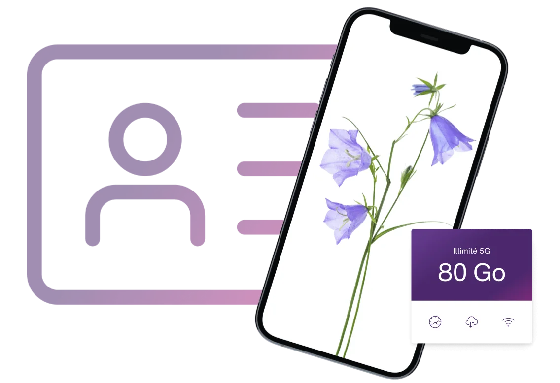 Téléphone mobile avec image de fleur et icône de carte d’identité. Texte : 5G iIllimité, 80 Go