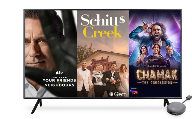 A TV screen displaying the poster for Your Friends and Neighbours, Schitts Creek and Chamak: The Conclusion.