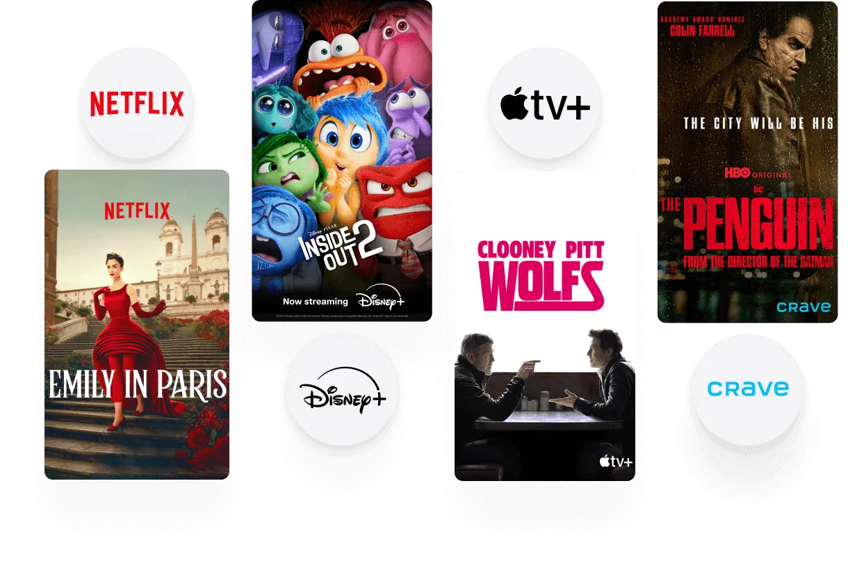 Posters for Netflix- Emily in Paris, Disney plus - Inside Out, Apple TV plus- Wolfs and Crave - The Penguin