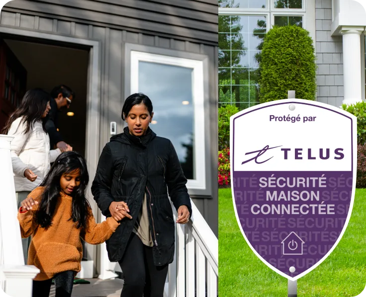 Famille quittant la maison avec l’affichette de parterre Maison connectée de TELUS en avant-plan