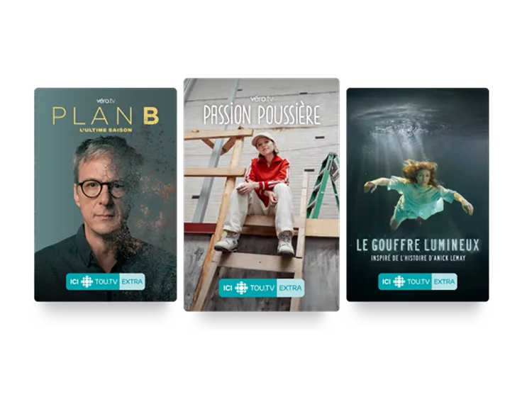 Trois affiches : Plan B, Passion Poussière et Le Gouffre Lumineux.