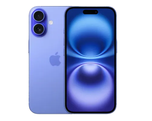 Front and back view of the iPhone 16 in Ultramarine.