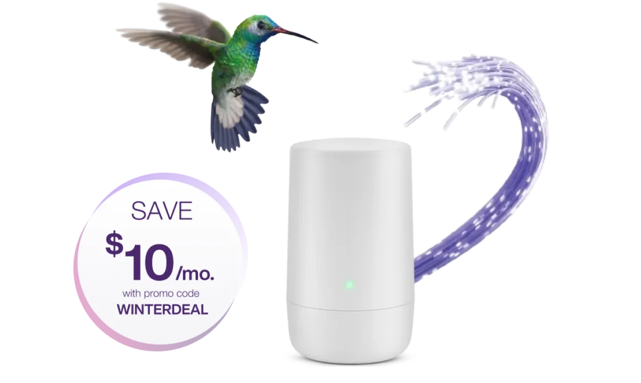 An image showing a hummingbird beside a TELUS Internet Modem with a roundel "Save $15/mo. with promo code SUMMERDEAL".