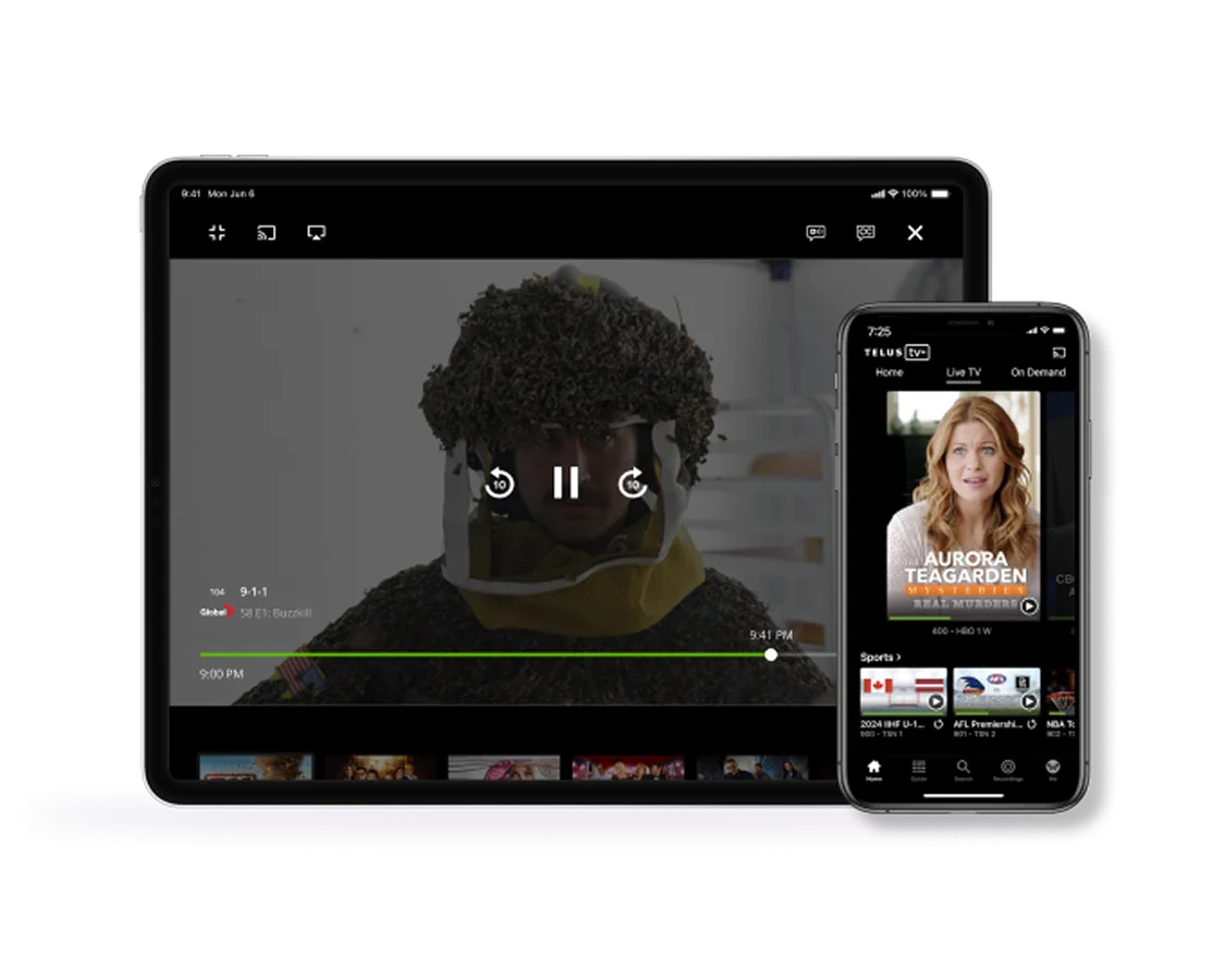 Tablet streaming a show and smartphone displaying Aurora Teagarden in the TELUS TV+ app interface.
