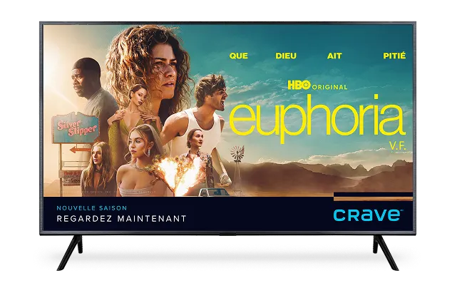 Un écran de télévision affichant l'affiche du film Euphoria, disponible dès maintenant sur Crave.