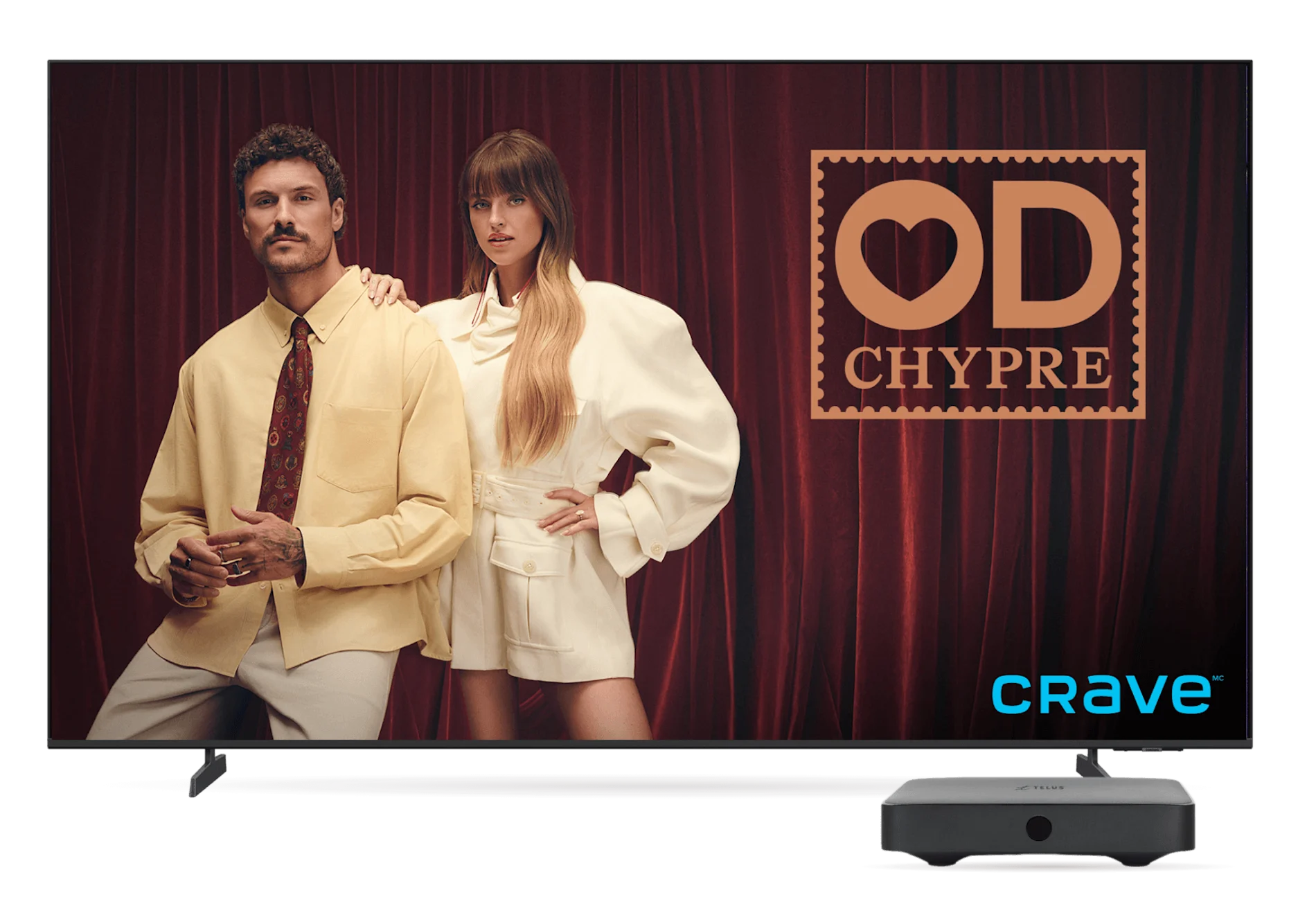 Un téléviseur grand écran diffusant l'émission à succès de Crave « OD Chypre » avec un décodeur numérique Optik TV devant.