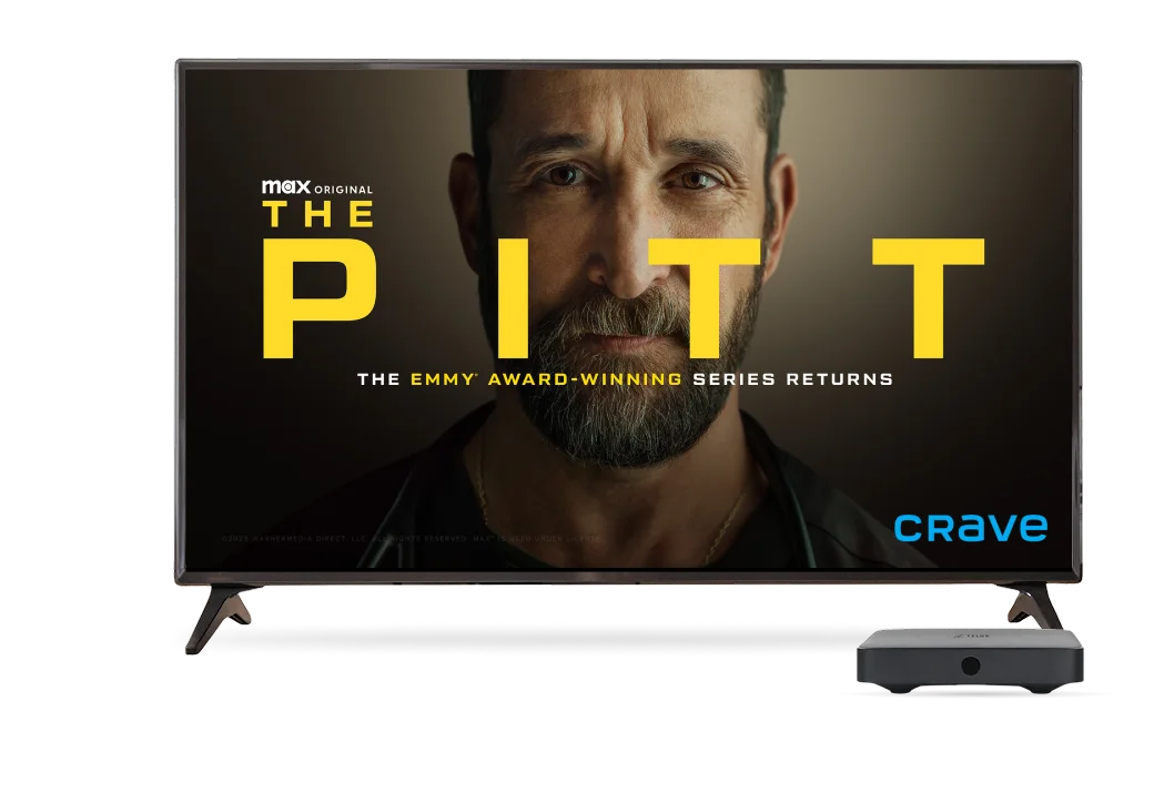 A TV and digital box. The TV screen displays the poster for The Pitt.