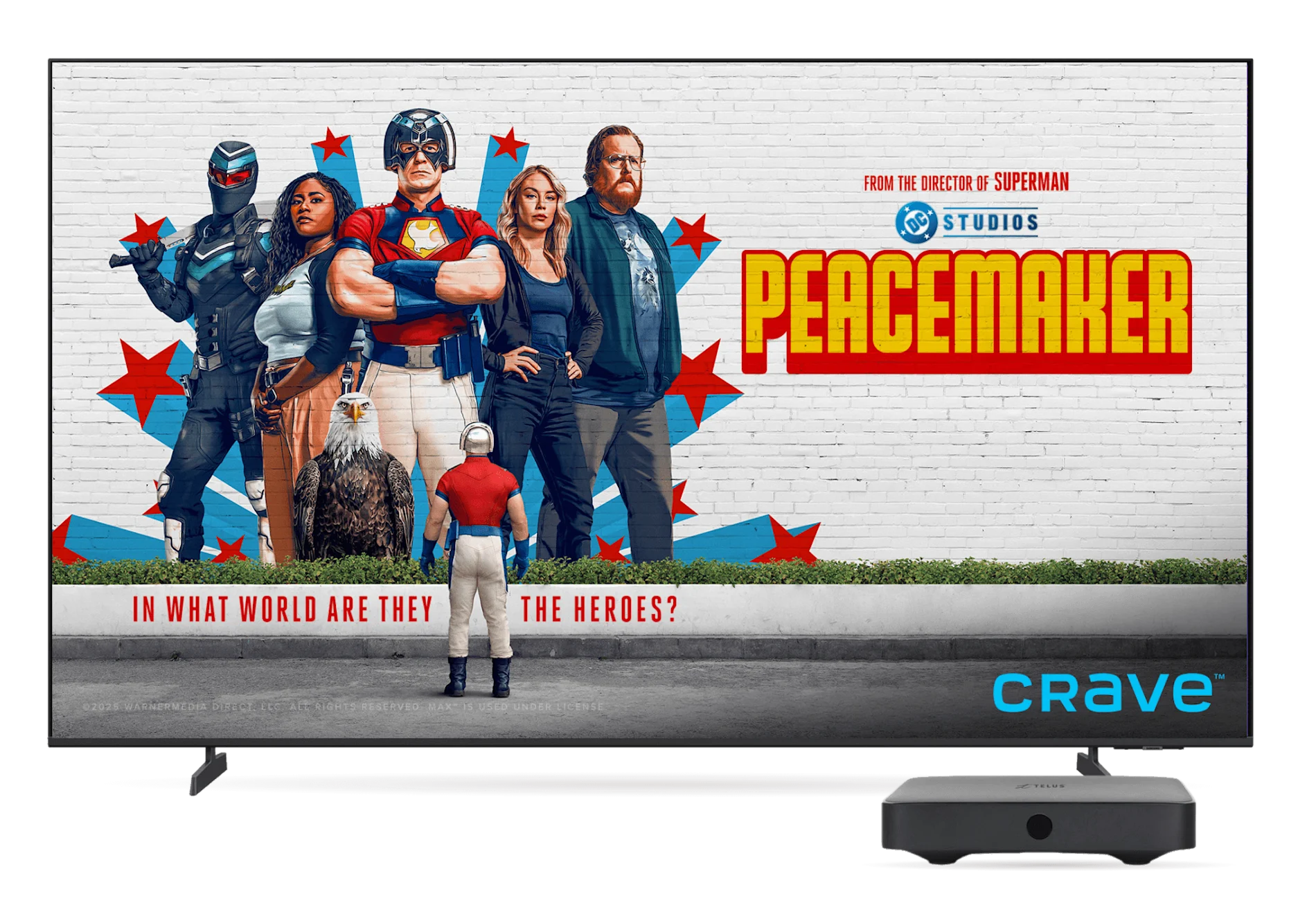 A big screen screen TV showing the hit Crave show 'Peacemaker', along with an Optik TV digital box.