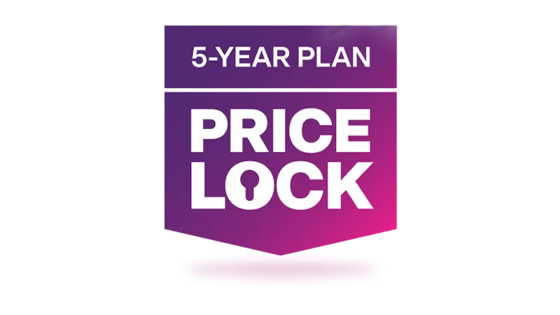 An image featuring the TELUS 5-year Internet rate plan price lock logo in a purple and pink gradient banner.