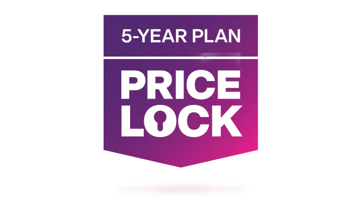 An image featuring the TELUS 5-year Internet rate plan price lock logo in a purple and pink gradient banner.