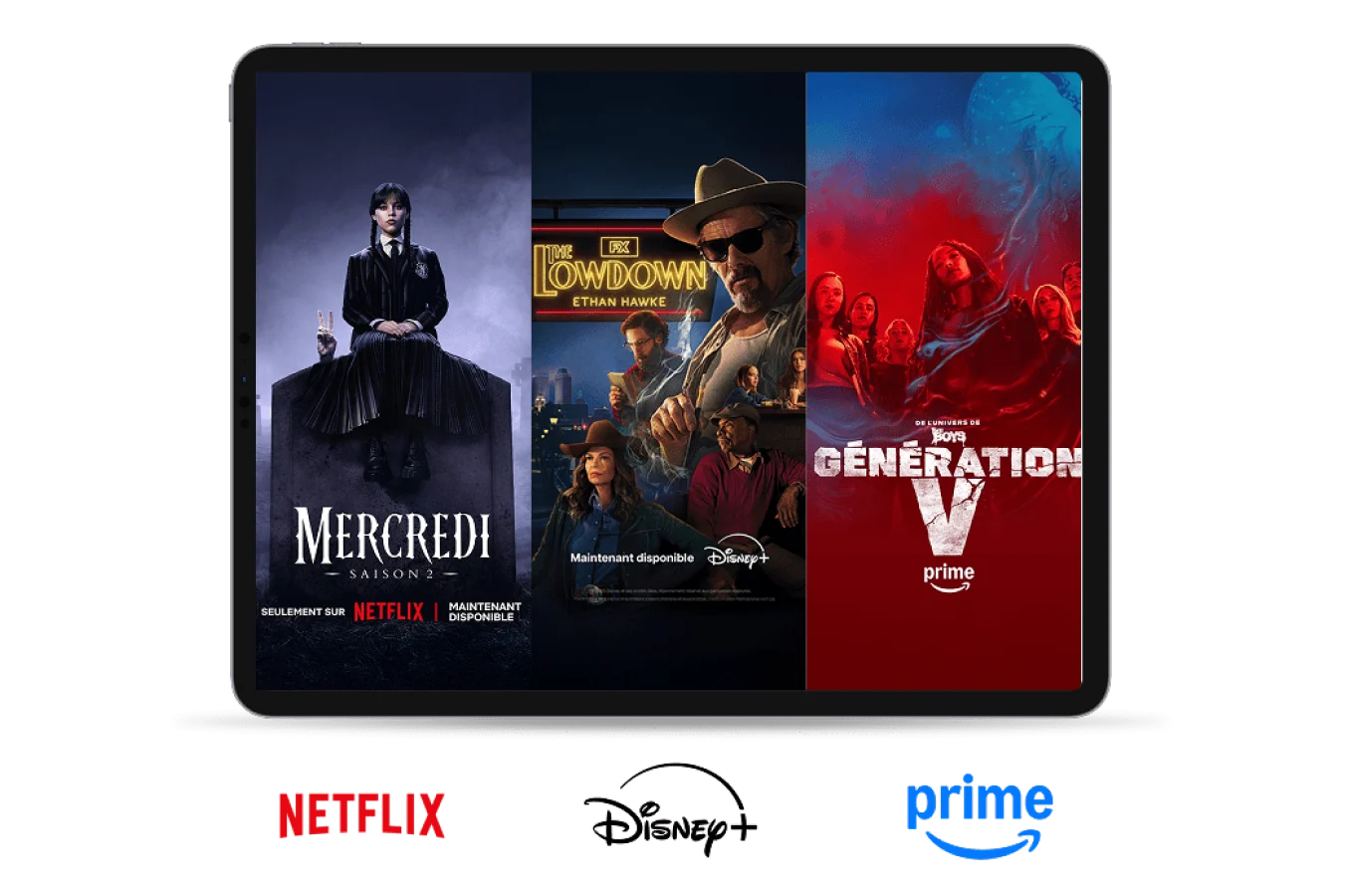 Tablette avec affiches du Flic de Wednesday Season 2 sur Netflix, The Lowdown sur Disney+, Gen V Season 2 sur Prime.