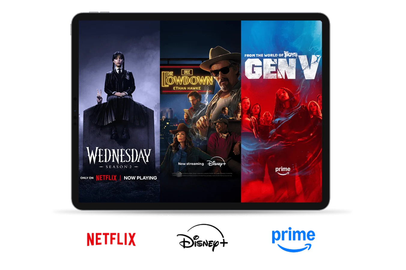 A tablet displaying three posters: Wednesday Season 2, The Lowdown and Gen V Season 2. Below the screen are the logos of Netflix, Disney+ and Amazon Prime.