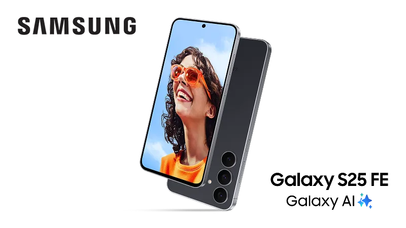 Galaxy S25 FE正面及背面視圖，展示Galaxy AI品牌標識。