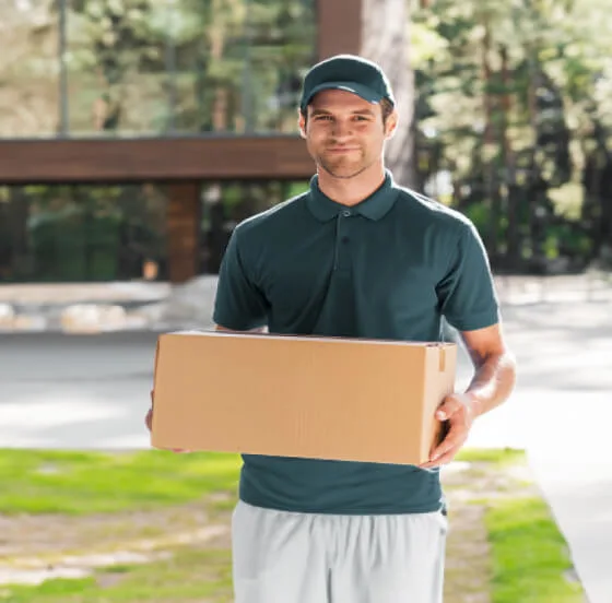 A delivery person with packages are seen from the view of a TELUS Doorbell Camera. 