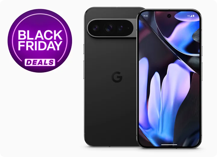 Front and back views of the Google Pixel 9 Pro. Badge reading “Black Friday Deals”.