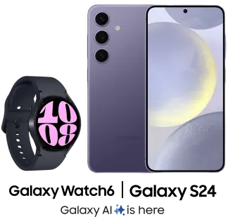 Front and back view of Samsung Galaxy S24 in Cobalt Violet next to the Galaxy Watch6 in Graphite with the logo reading “Galaxy AI is here”.