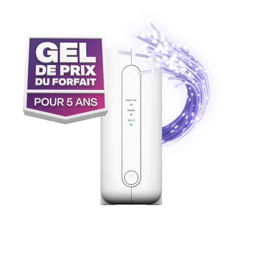 Un modem TELUS à côté du badge « Gel de prix du forfait pour 5 ans ».