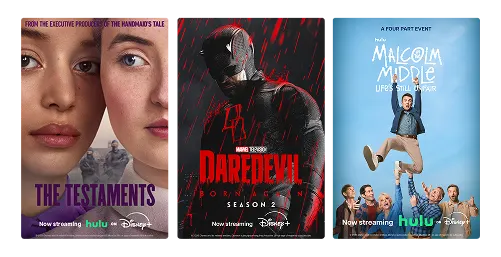 Three posters: The Testaments, Daredevil - Born Again, and Malcolm in the Middle: Life’s Still Unfair.