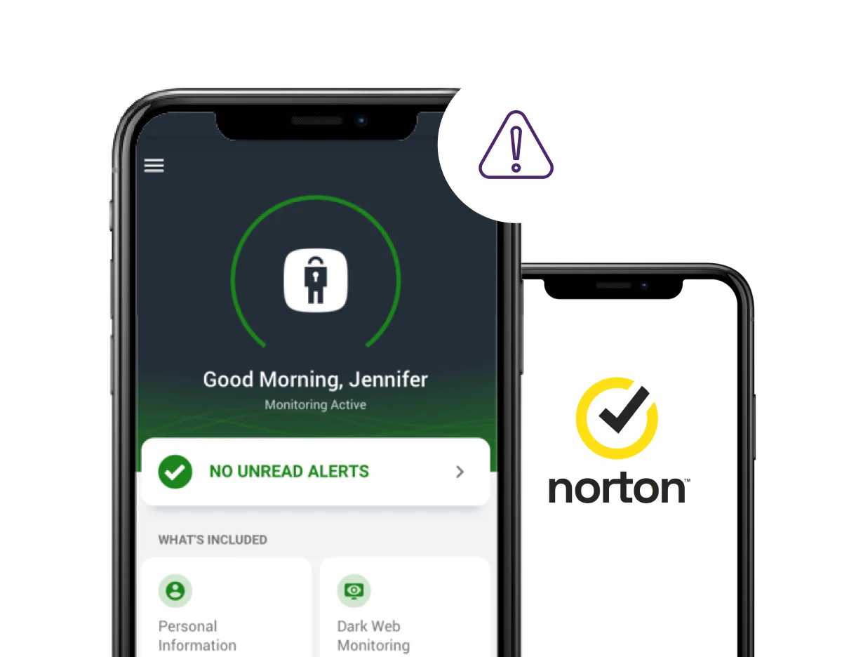 An image showing mobile phones with Surveillance protection enabled and a norton logo on the other. At the top is a hedgehog leaning on the phone.