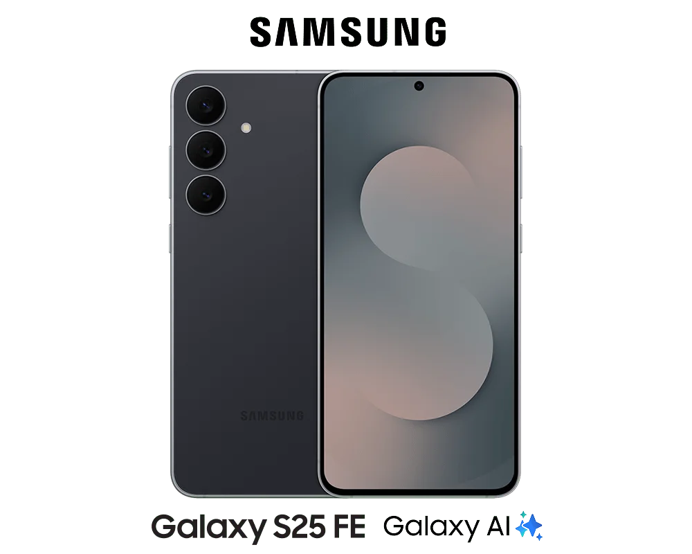 The front view of Galaxy S25 FE shown on an angle with the Samsung logo to the top left and Galaxy AI logo beneath.