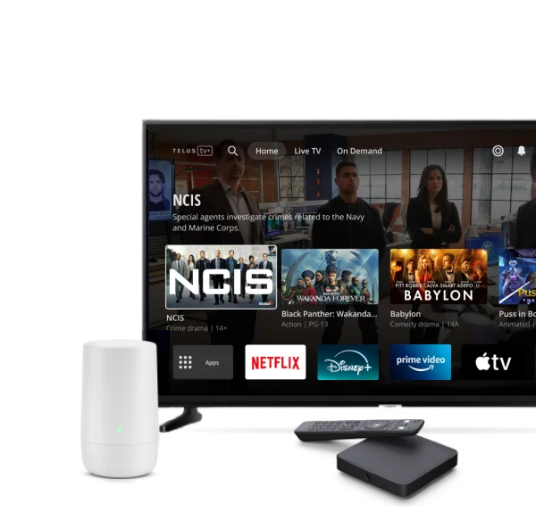 A TV screen displays a variety of tv shows to choose from with logos of Netflix, Disney+, Prime Vide and Apple TV at the bottom of the screen. There is also a TV Box and remote.