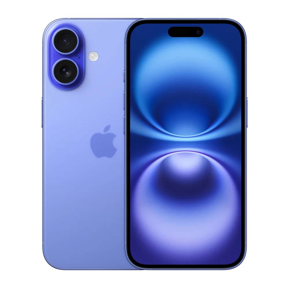 Front and back view of an Ultramarine iPhone 16.