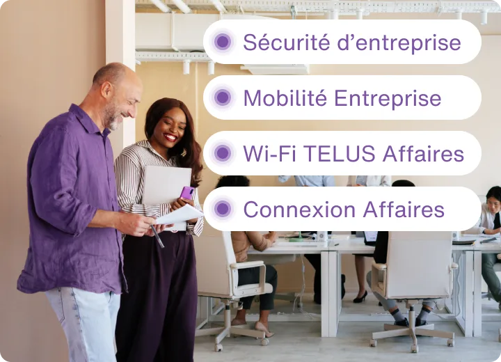 Propriétaire d’entreprise au portable; icônes violettes pour Wi-Fi, mobilité, téléphonie et sécurité, offres groupées.