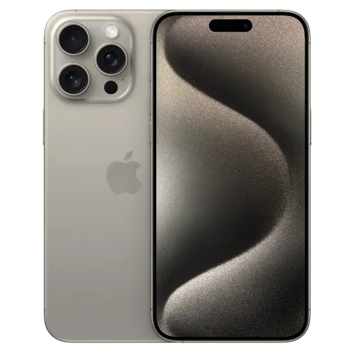 Back and front view of iPhone 15 Pro Max in Natural Titanium.