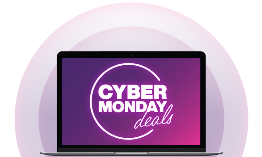 A laptop screen displaying a Cyber Monday deals.