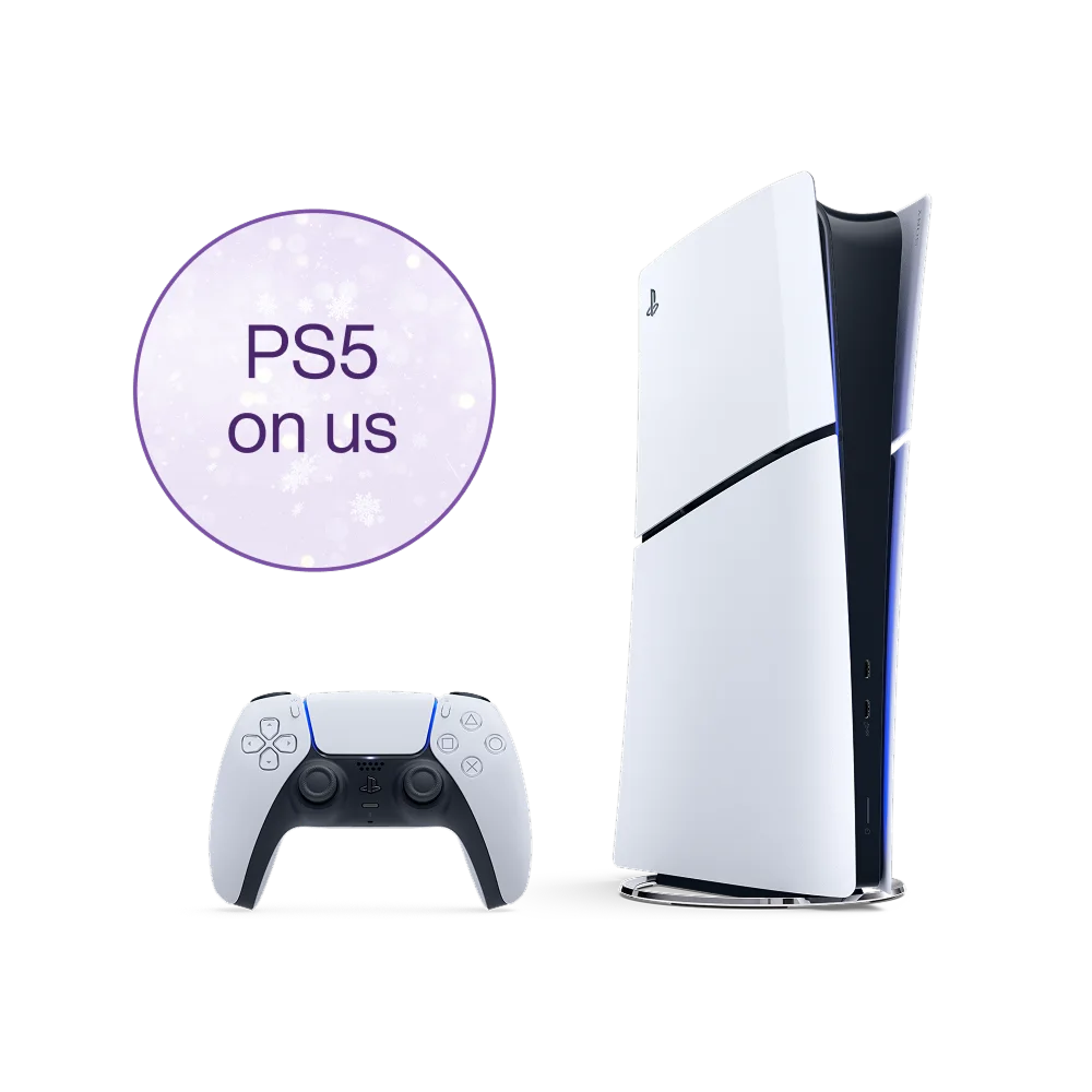 A PlayStation 5 console and remote. A roundel reads “PS5 on us”.