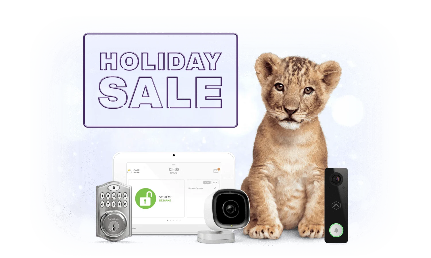 A tiger cub with SmartHome Security doorbell, lock and control panel and a roundel saying “$200 bill credit”.