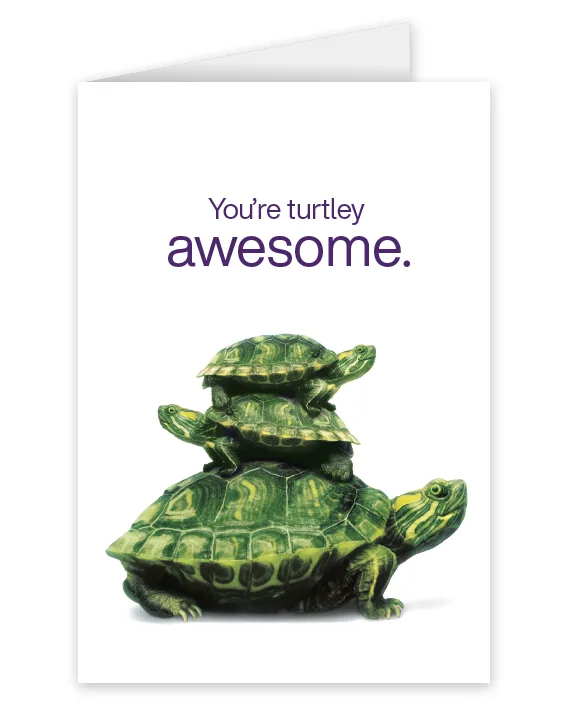 A card featuring three stacked turtles that says: You’re turtley awesome
