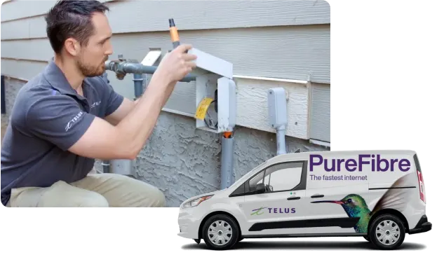 A TELUS technician performs work on the outside of a home. A TELUS van advertising PureFibre internet is also pictured.