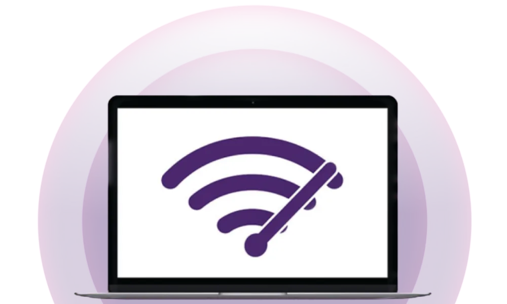 A laptop with the Wi-Fi speed logo on its screen.