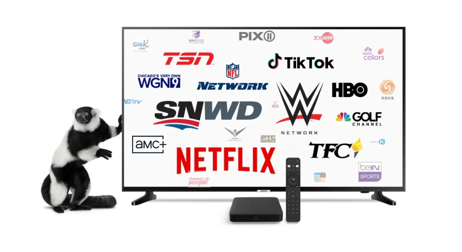 An image showing a lemur and TELUS Optik TV devices alongside a large TV displaying entertainment logos on its screen.
