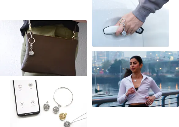 We see a collage of SmartWear Security safety devices, charms, bracelets, keychains, and necklaces on people studying and out running. 