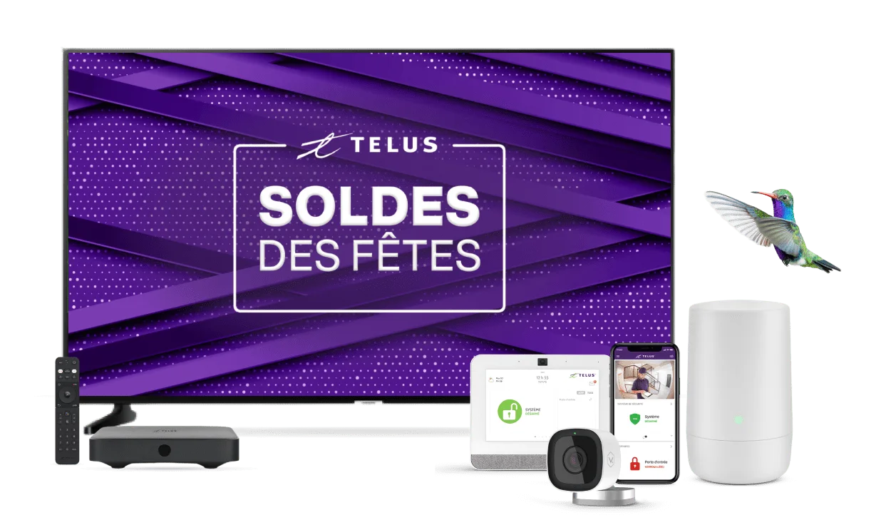 Une variété d'appareils - téléphone, télévision, modem Internet, moniteur et sécurité résidentielle.