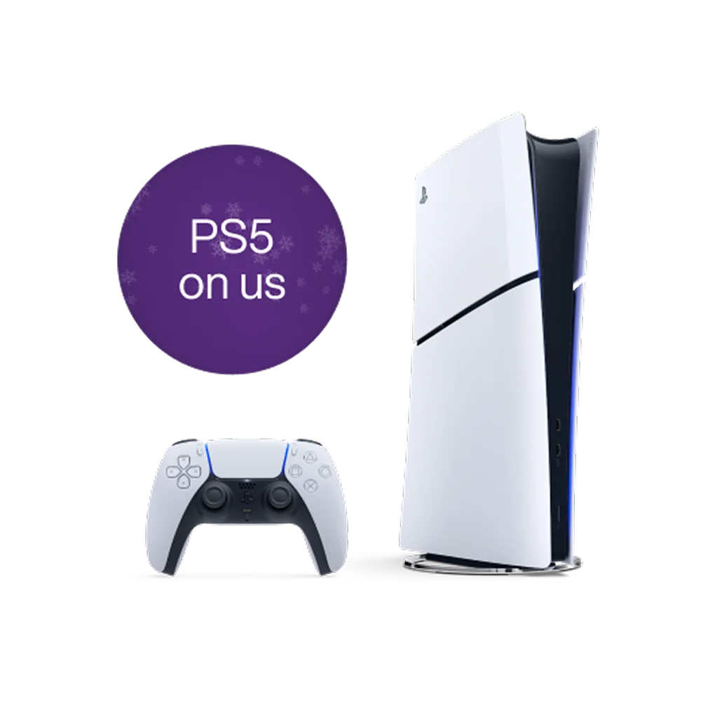 A PlayStation 5 console and remote. A roundel reads “PS5 on us”.