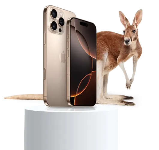 The back view of an iPhone 16 Pro Max in Desert Titanium stands behind the front view of an iPhone 16 Pro in Desert Titanium. A Kangaroo peaks out from behind the two iPhones.