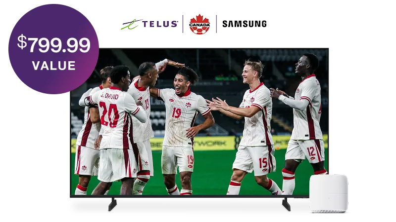 A goat and a TELUS soccer ball stand beside a TELUS modem and TV displaying Canada Soccer on TSN, representing the PureFibre Internet and Optik TV bundle. 