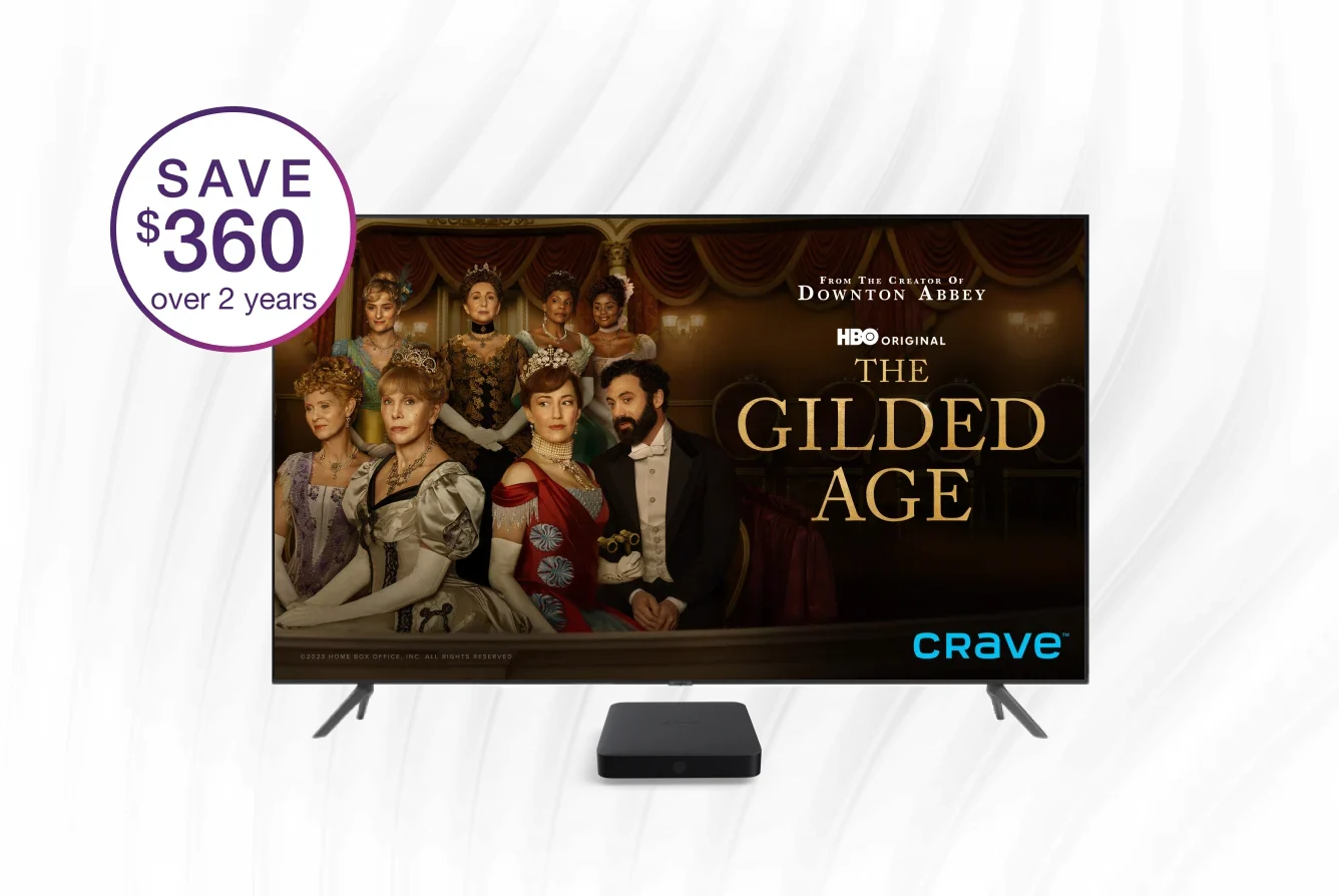 The Gilded Age image and an Optik TV set top box. Two text circles. One reads: Save $5 monthly plus $50 bill credit over 2 years. The other text circle reads: Use code CYBERMONDAY
