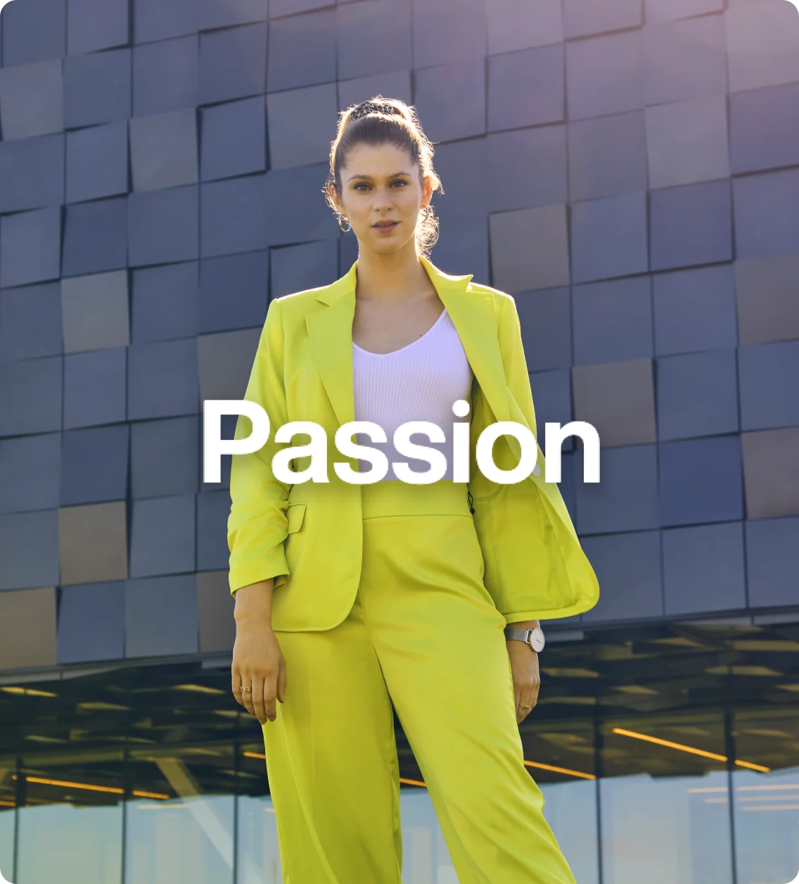 Rachelle Séguin standing in front of office building overlaid with word “passion”