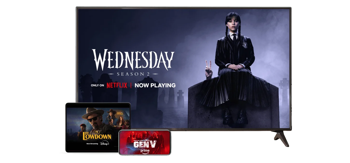 Multiple devices displaying ‘Wednesday’ on Netflix, ‘The Lowdown’ on Disney+ and ‘Gen V S2’ on Amazon Prime.