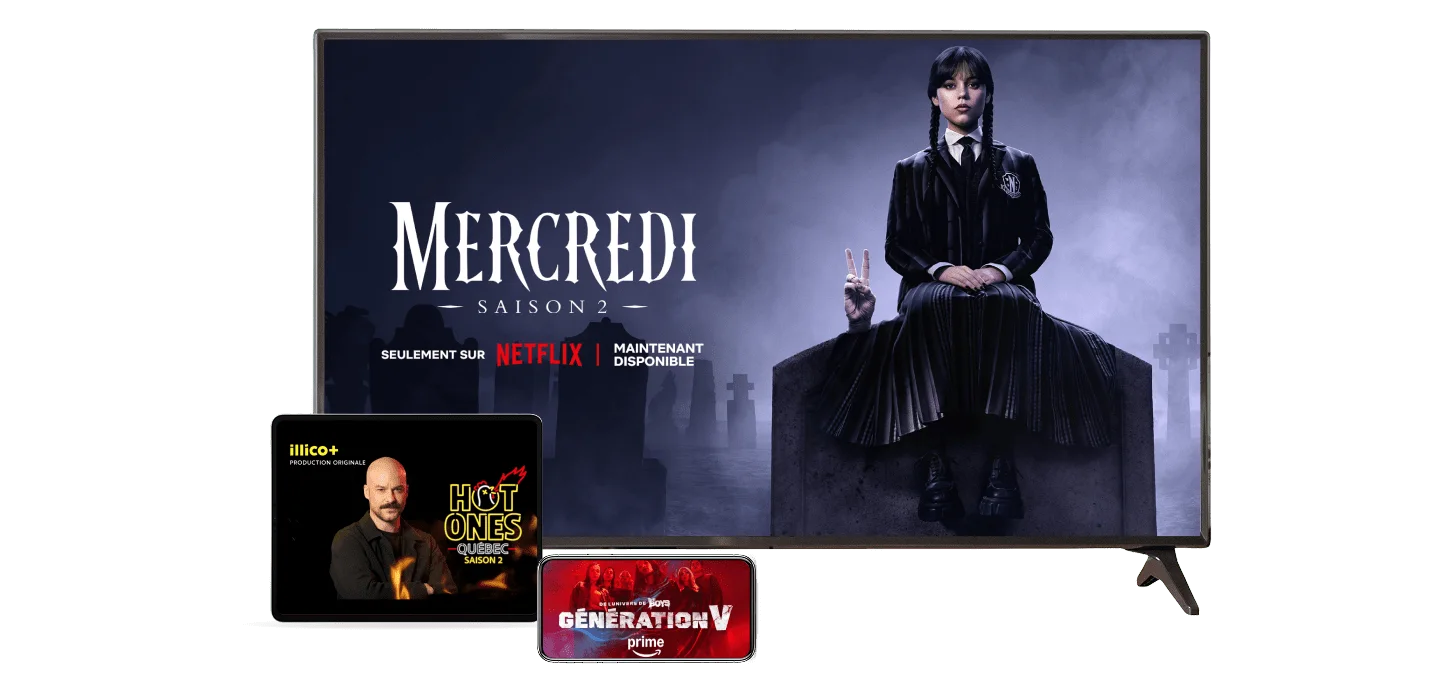 Plusieurs appareils affichant « Mercredi » sur Netflix, « The Lowdown » sur Disney+, et « Gen V S2 » sur Amazon Prime.