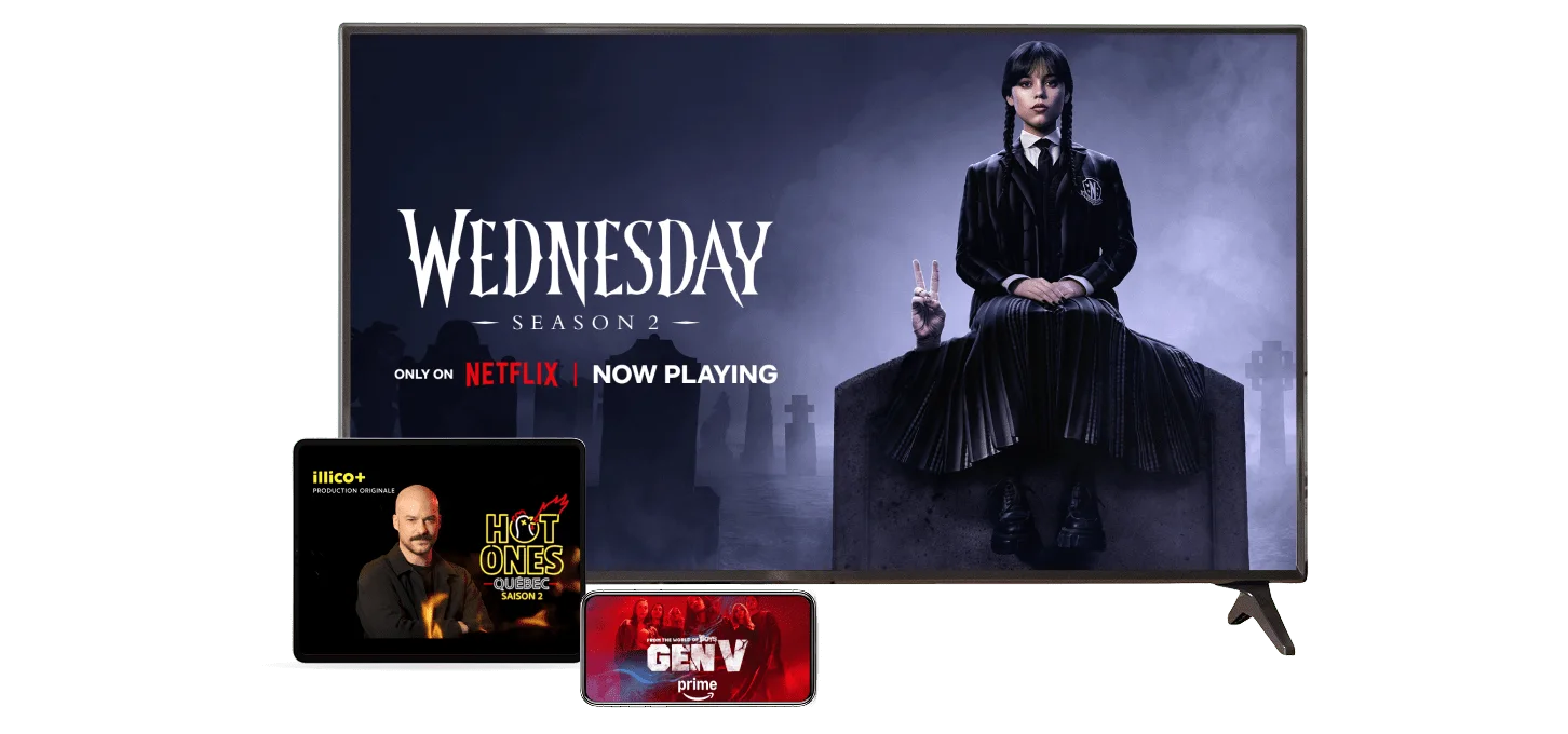 Multiple devices displaying ‘Wednesday’ on Netflix, ‘The Lowdown’ on Disney+ and ‘Gen V S2’ on Amazon Prime.
