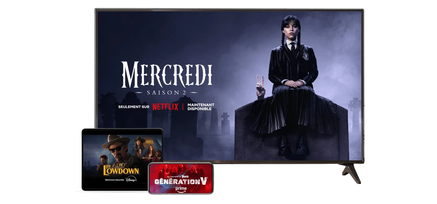 Plusieurs appareils affichant « Mercredi » sur Netflix, « The Lowdown » sur Disney+, et « Gen V S2 » sur Amazon Prime.